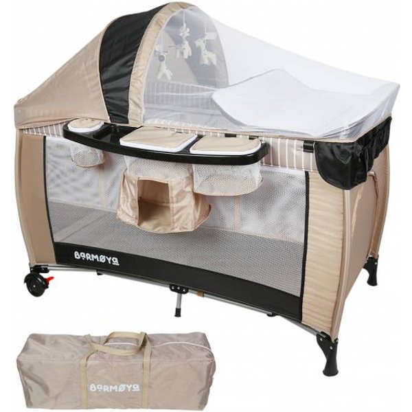 Lettino Da Viaggio 3 In 1 Con Fasciatoio – Lettino Da Viaggio, Box E Lettino Da Comodino, Beige-image
