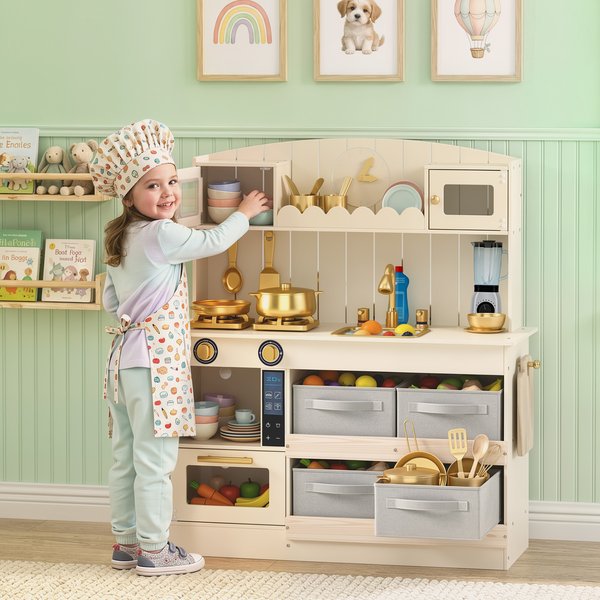 AIYAPLAY Kids Play Kitchen with Lights & Sounds, 4 Fabric Drawers, Cream