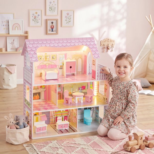 AIYAPLAY Dolls House with 8 Pieces Accessories, 3-Level for 3-6 Years, Pink - Pink