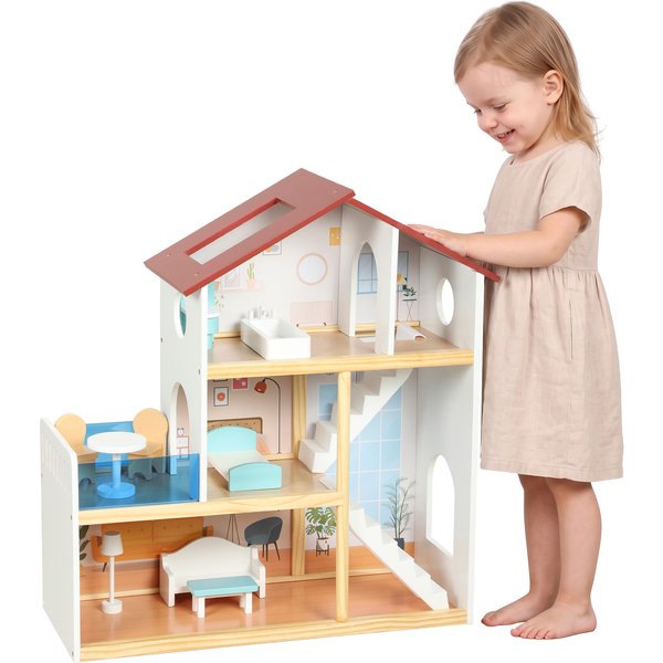 AIYAPLAY Kids Wooden Dolls House 3 Story with 5 Rooms, 11 Accessories, White - White