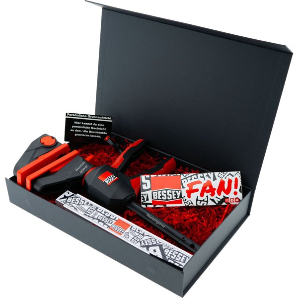 BESSEY Geschenkbox Einhandzwinge EZ360-15 mit Gravur inkl. Clippix XC1 Federzwinge & Zollstock | Exklusives personalisiertes Handwerker Geschenk