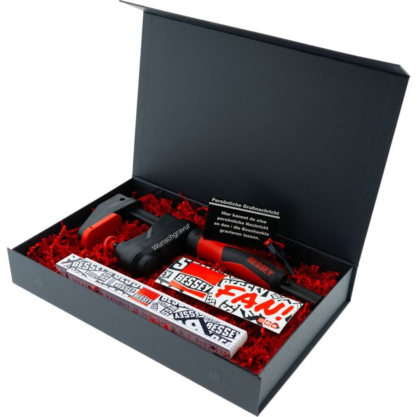 BESSEY Geschenkbox Gearklamp GK15 mit Gravur inkl. Clippix XC1 Federzwinge & Zollstock | Exklusives personalisiertes Handwerker Geschenk
