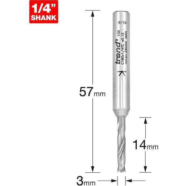 Trend CRAFTPRO Router Dowel Drill 3mm 14mm 1/4"