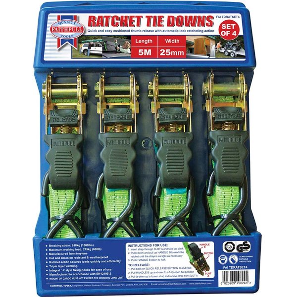 Faithfull 4 Piece Ratchet Tie Down Strap Set