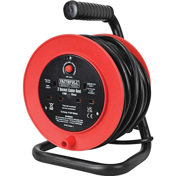 Faithfull 2 Socket Cable Extension Reel 240v 15m