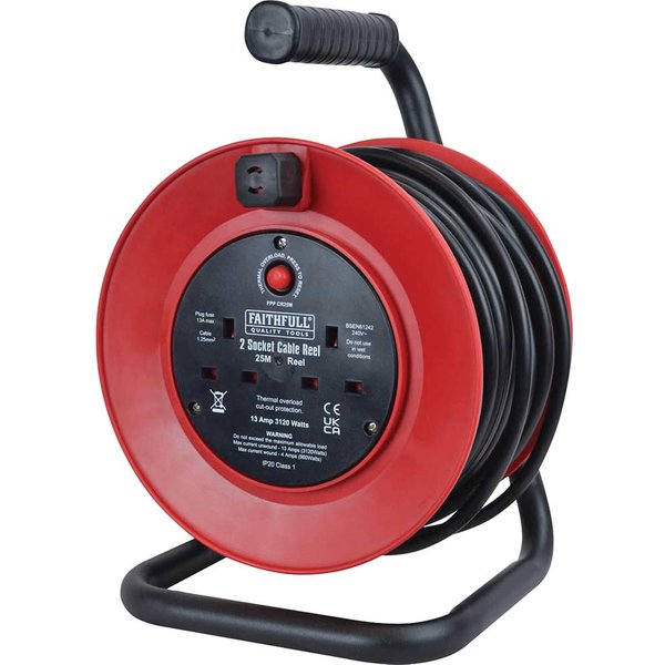 Faithfull 2 Socket Cable Extension Reel 240v 25m
