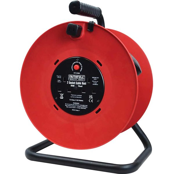 Faithfull 2 Socket Cable Extension Reel 240v 50m