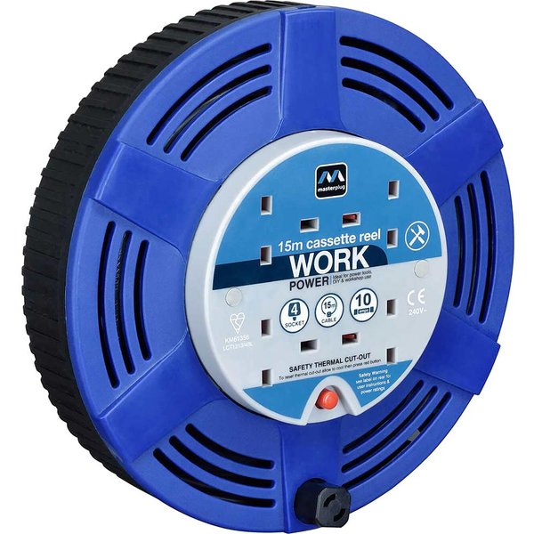 Masterplug 4 Socket Thermal Cut Out Cassette Cable Extension Reel 240v 15m