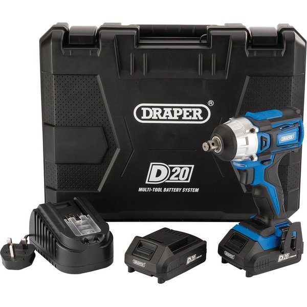 Draper D20IW250 20v Cordless Brushless 1/2" Drive Impact Wrench 2 x 2ah Li-ion Charger Case