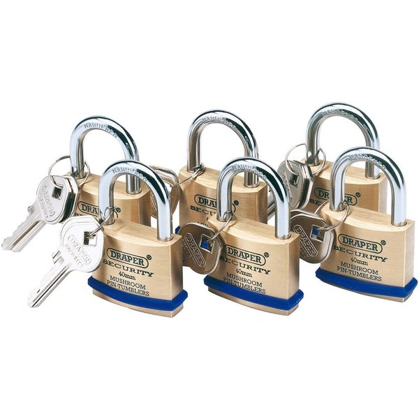 Draper Solid Brass Padlock Pack of 6 Keyed Alike 40mm Standard