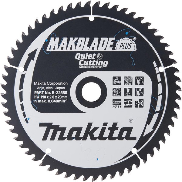 Makita MAKBLADE PLUS Circular Mitre Saw Blade for Wood 190mm 60T 20mm