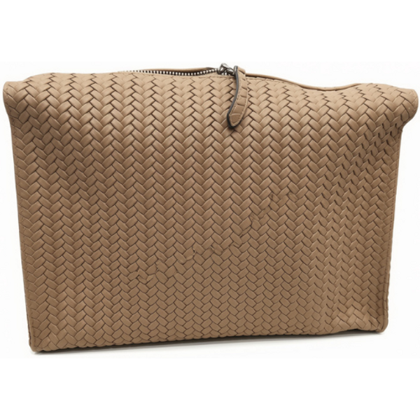 Hammann Lederwaren Flecht Kulturtasche Woven Washbag L Nimbus Beige – Luxus-Kulturtasche aus Chervo-Kalbleder