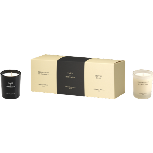 Cereria Molla Kerzen-Set = Bergamotto de Calabria 70 g + Basil & Mandarin 70 g + Velvet Wood 70 g