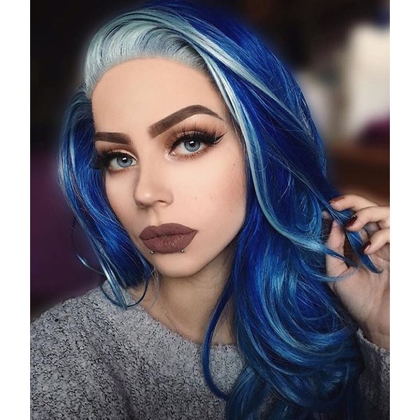 Fantasy | Jewelry Blue with Platinum Highlights Long Layered Wavy Synthetic Lace Front Wig