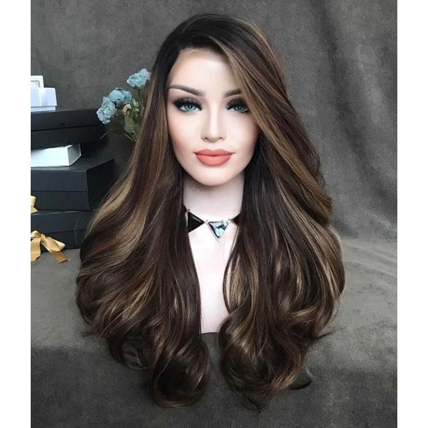 Loco Cocoa | Brunette Balayage Long Wavy Synthetic Lace Front Wig