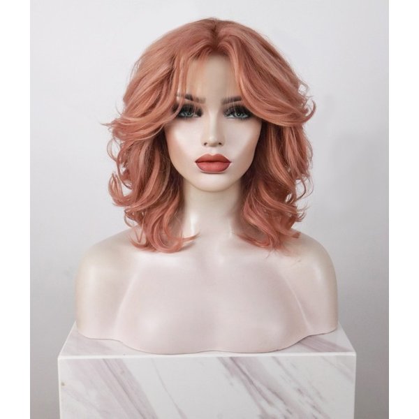 Peachy Waves | Peach-toned Wavy Long Bob with Curtain Bangs
