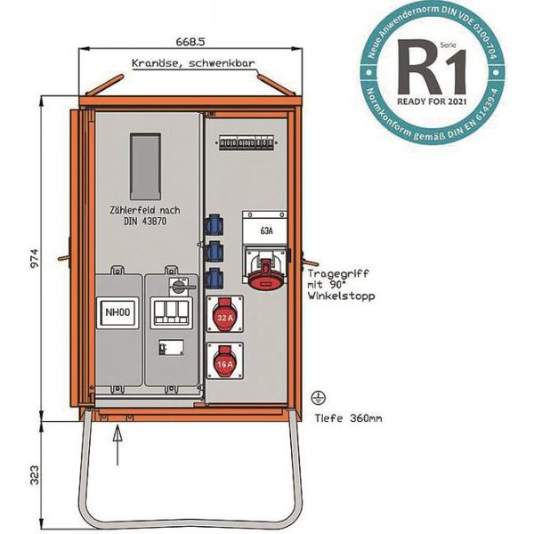 Walther Anschlussverteiler WAV0160R1 44kVA Zählerpl.RCD Typ B 5 LS 3 CEE-Abg