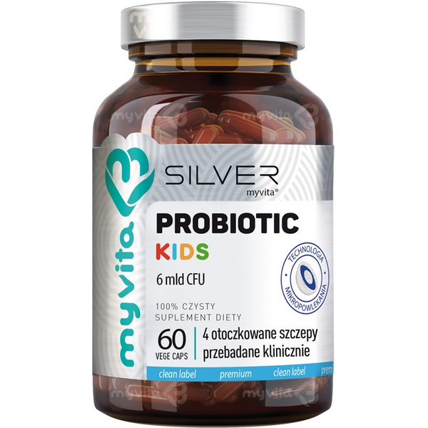 Wsparcie Jelit Probiotyki dla Dzieci MyVita Silver Pure 100% Probiotyk Kids 6mld 60vkaps