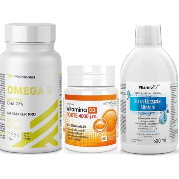 Zestaw Prezentowy dla Babci i Dziadka Pharmovit Stawy Chrząski Mięśnie + Promaker Omega 3 + Activlab Witamina D3 4000IU