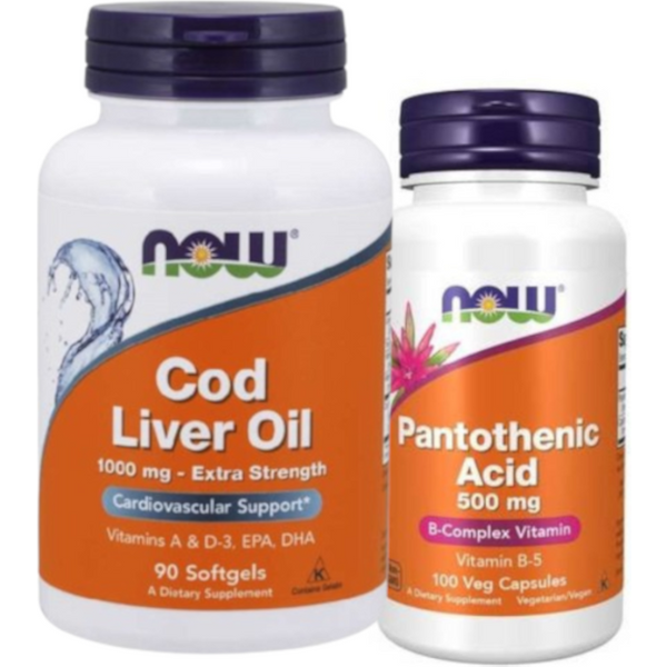 Zestaw Now Foods Cod Liver Oil 1000mg + Pantothenic Acid 500mg 90softgels + 100kaps