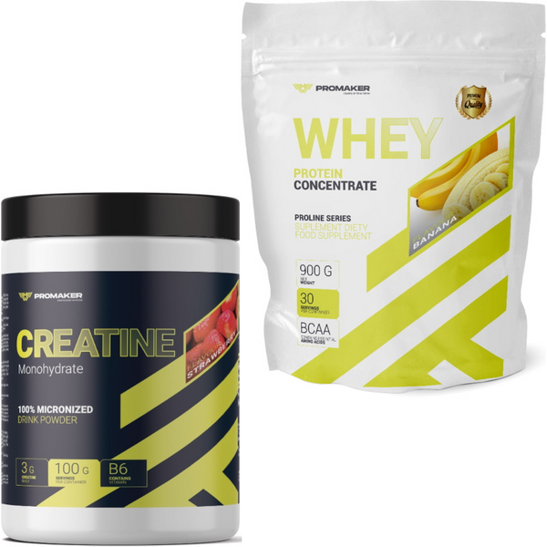Zestaw Pokochaj Formę Promaker Creatine Monohydrate 300g Truskawka+ Whey Protein Proline 900g