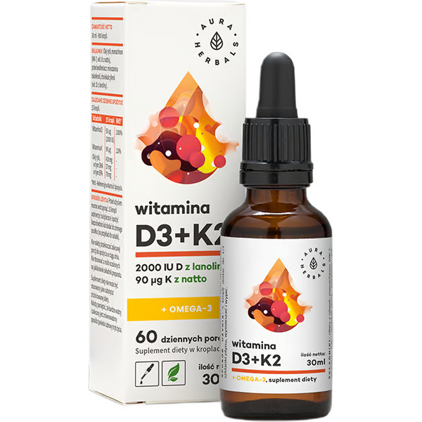 Kwasy Tłuszczowe Aura Herbals D3+K2 + omega 3 - 30 ml