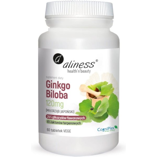 Pamięć i Koncentracja Miłorząb Japoński Aliness Ginkgo Biloba 120mg 60tab