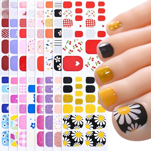 22tips/Sheet Baking Free Daisy Flower Toenail Sticker Full Cover Toe Nail Wraps Glitter Toenail Polish Strips DIY Foot Decals