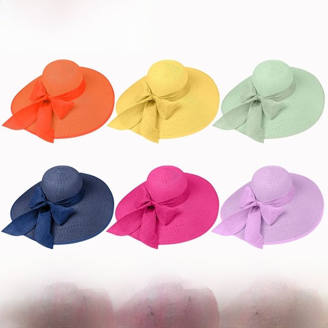 Summer Elegant Beach Sunshade Straw Hat Women's Beach Vacation Sunscreen Knitted Hat Beach Bowknot Wide Brim Floppy Panama Hats