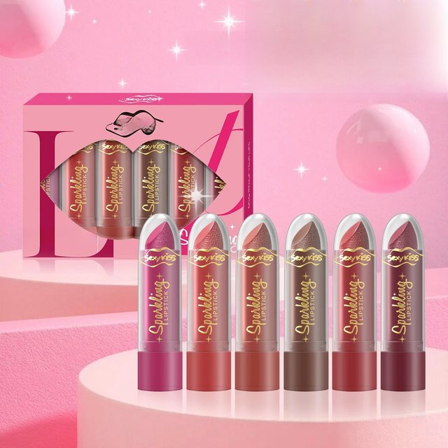 6 Color Glitter Lipstick Set, Pearl Glitter Finish, Durable Lip Gloss, Valentine's Day Gift to Women