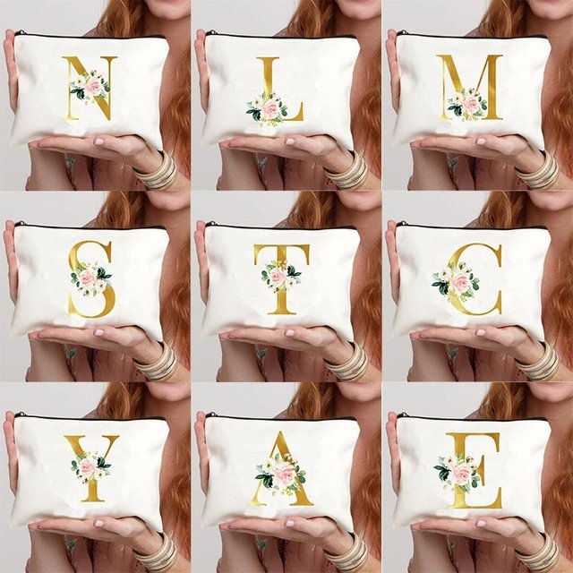 Initial Pattern Zipper Bag Cosmetic Makeup Case for women Wedding Bath Canvas Pouch Travel Lipstick Bags Bachelorette Party Gift