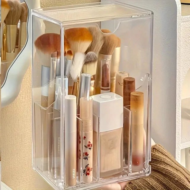 1/2PCS Acrylic Makeup Brush Storage Box, Transparent Makeup Brush Organizer with Adjustable Slots, Suitable for Dressing Table