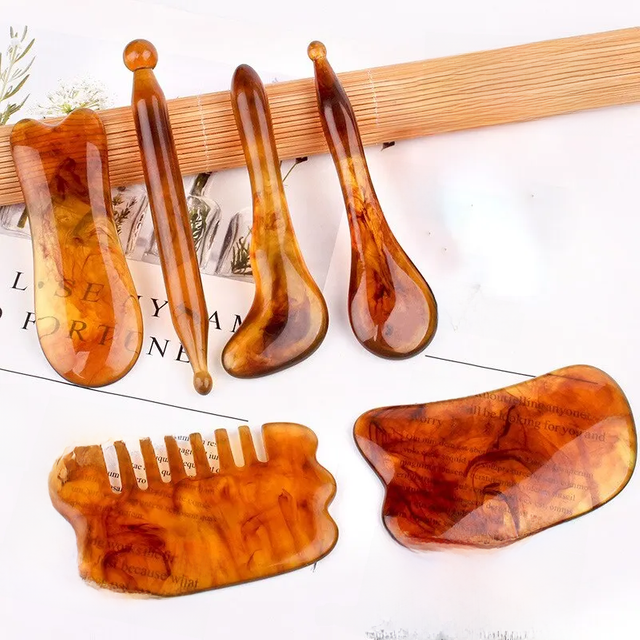 Resin GuaSha Scraping SPA Massage Tool 6 in 1 Kit for Facial Neck Arms Body Legs Back Gua Sha Board Acupoint Face Eye Care