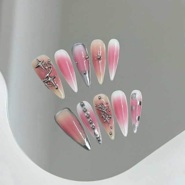 10pcs Handmade Press on Nails Pink Blush 3D Metal Star Decor Fake Nail Tips Reusable Wearable Y2k Long Pointed False Nails