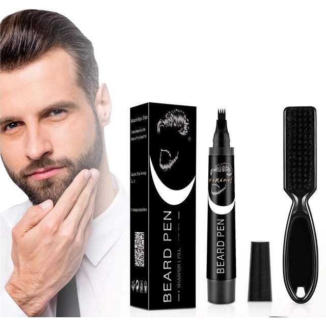 Multi-Pack Bundle Beard Pen Black Kit Barber Styling Pencil with Brush Natural Finish Cover Facial Hair Patches Tool
