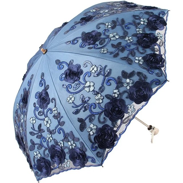 Lace Embroidered Two Folding Umbrella for Double-layer Embroidered Anti-UV Sunscreen Parasol Women Windproof Rain Umbrellas