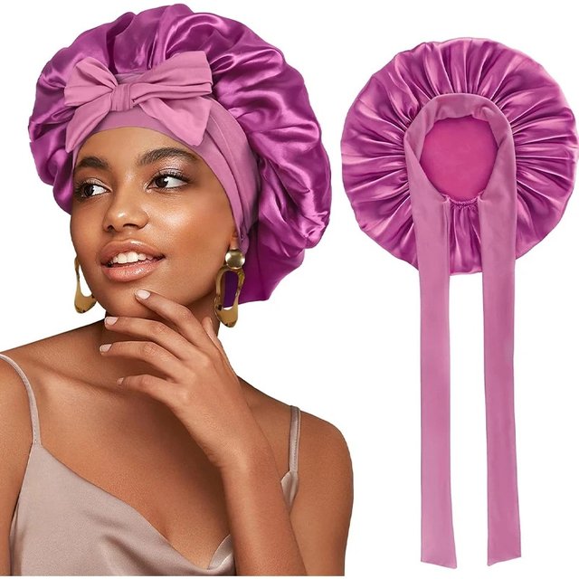 New Silky Bonnet With Elastic Tie Band Hair Bonnet For Sleeping Shower Cap Reusable Adjusting Hair Care Wrap Cap Sleep Caps