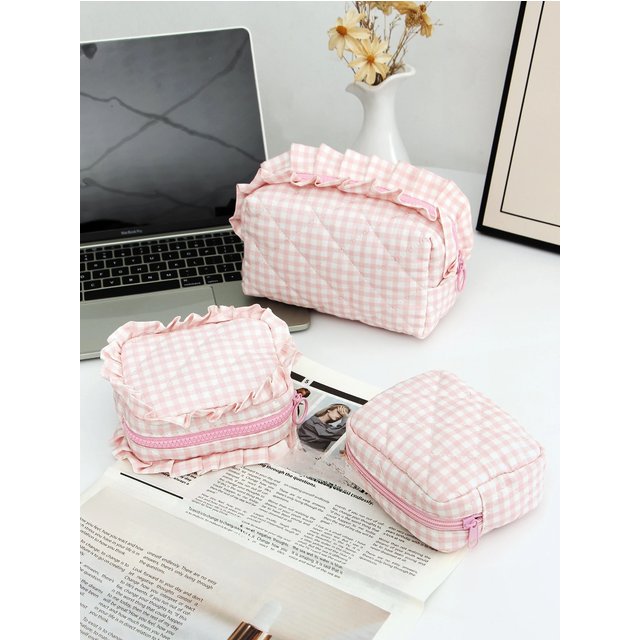 1pc/set plaid quilted makeup bag, multifunctional makeup bag, makeup brush storage bag, cute travel toiletry bag