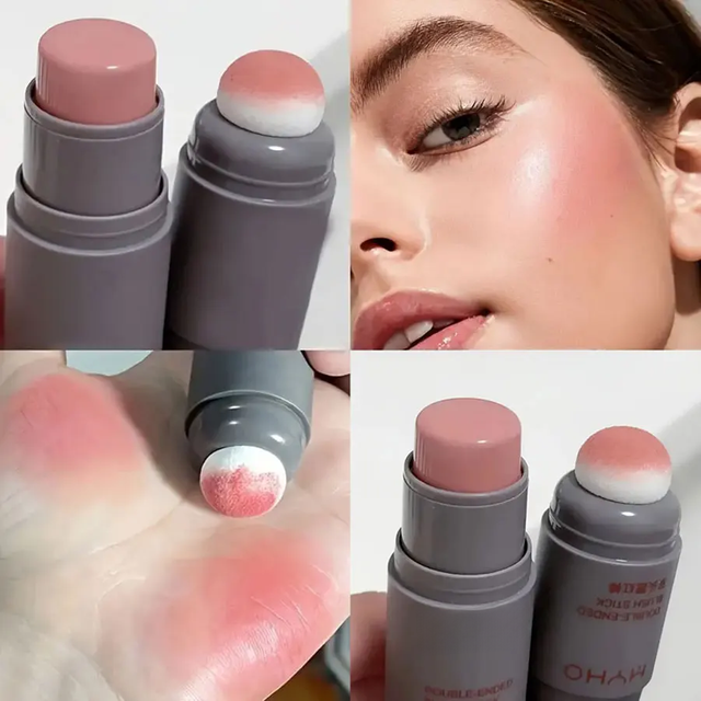 Double Head Sponge Monochrome Powder Blusher Lip and Cheek Dual-Use Durable Matte Natural Rouge Powder Blusher Stick Light Natur