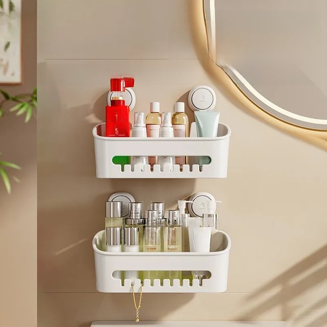 1pcs Shower Caddy Drill-Free with Vacuum Suction Cup Removable Shower Shelf Storage Basket for Shampoo Toiletries, Kitchen