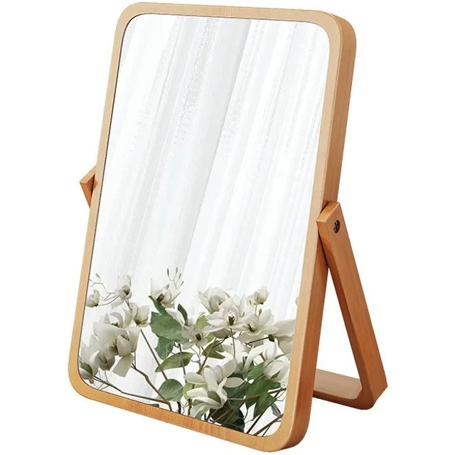 2025 Classic Solid Wood Frame Household Folding 360° Rotatable Dressing Table HD Portable Wall-mounted Makeup Mirror Home Decor