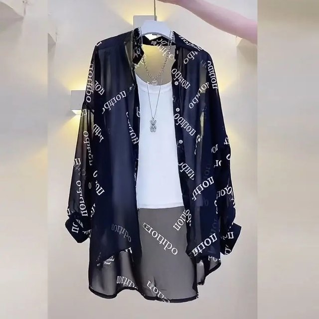 Women Letter Print Sexy Thin Sheer Button Up Shirt Summer Fashion Sunscreen Oversized Blouse Casual Long Sleeve Streetwear Tops