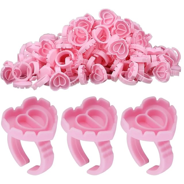 100 PCS Disposable Heart-shaped Plastic Glue Ring Cup Eyelash Extension Tattoo Pigment Holder Pallet Lash Makeup Supplies Tools