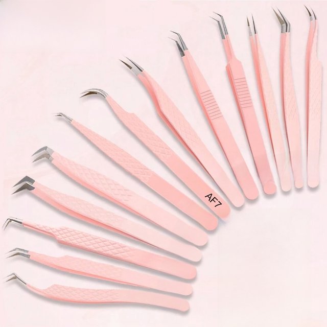 FADVAN 1Pcs Fiber Tip Tweezers for Extension Eyelashes Anti-slip Pink Stainless Steel Precise Make-up Tools