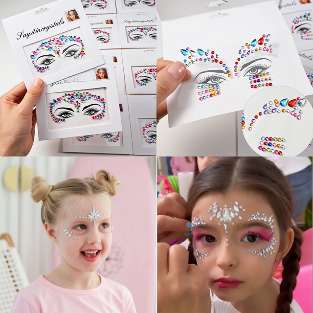 5Pcs Colourful Girl Makeup Face Stickers Crystal Diamonds Gemstones Women Girls Holiday Glitter Party Adhesive Eye Face Tattoos*