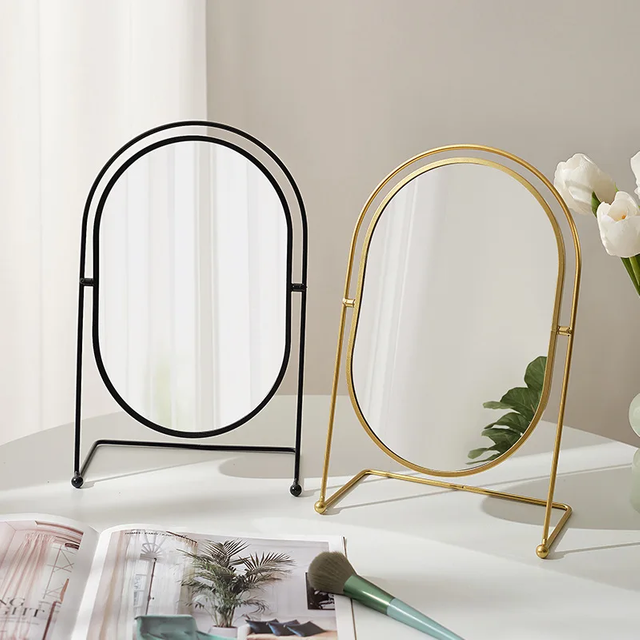 360°Rotate Oval Makeup Mirror Nordic Brass Gold Metal Retro Dressing Desktop Bedroom Square Round Dormitory Makeup Mirror