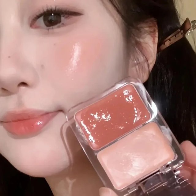 Two-color jelly glow blush, milk peach pink apricot red gem rouge Korean makeup, cream texture, low saturation brightening