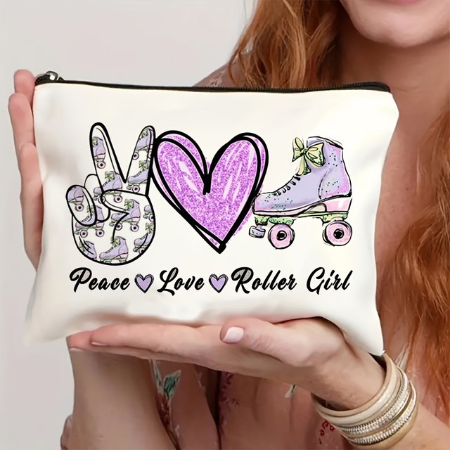 1Pc Peace, Love & Roller Skating Girl Retro Design Multifunctional Travel Makeup Bag, Snack Storage Bag, Stationery Storage Bag, Fashion Toiletry Bag, Canvas Double-Sided Printed Zipper Pouch