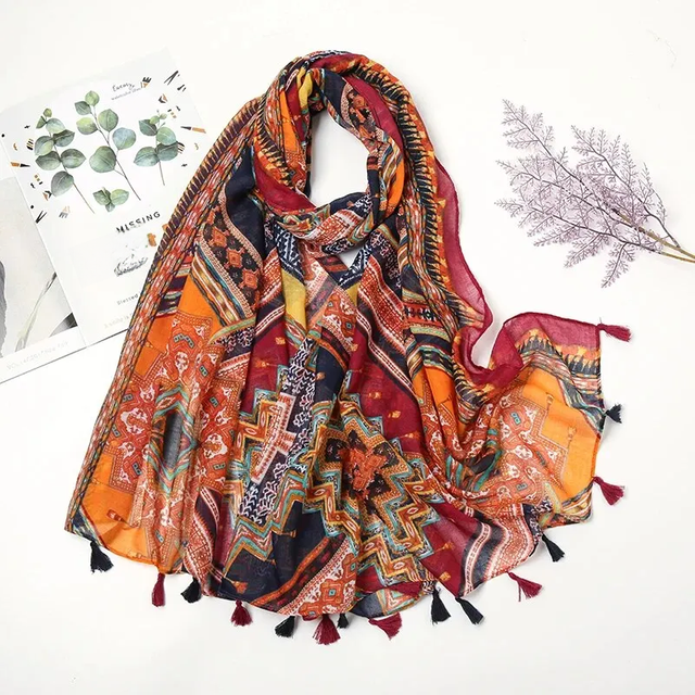 Fashion Printing Geometry Tassel Shawl Cotton Viscose Scarf Women Beach Sunscreen Shawl Muslim Hijab Wrap Headscarf 180*85cm