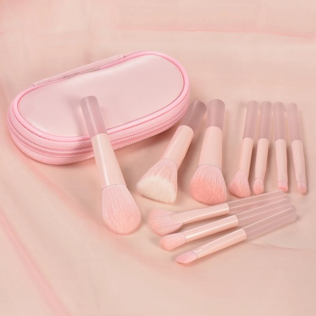 10 pink mini makeup brushes with storage bag, foundation contouring brush eyeshadow brow brush - Makeup puff, portable makeup